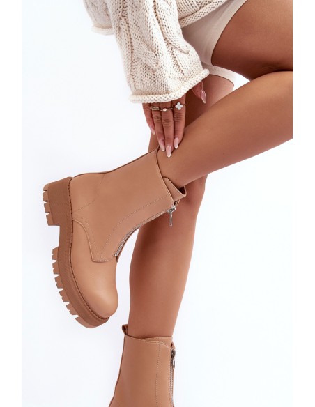 Leather Ankle Boots With Zipper Flat Heel Camel Vimal