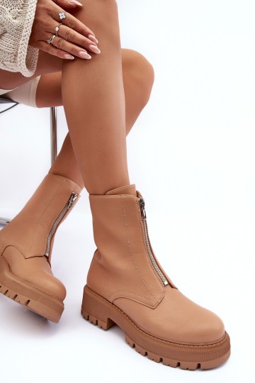 Leather Ankle Boots With Zipper Flat Heel Camel Vimal 2