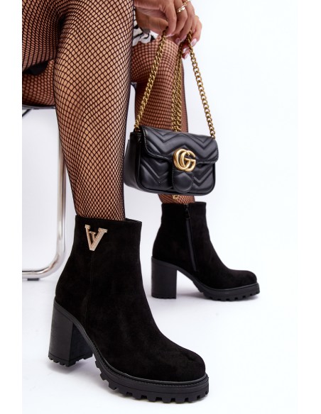 Women's Suede Boots On Heel With Decoration Black Strong