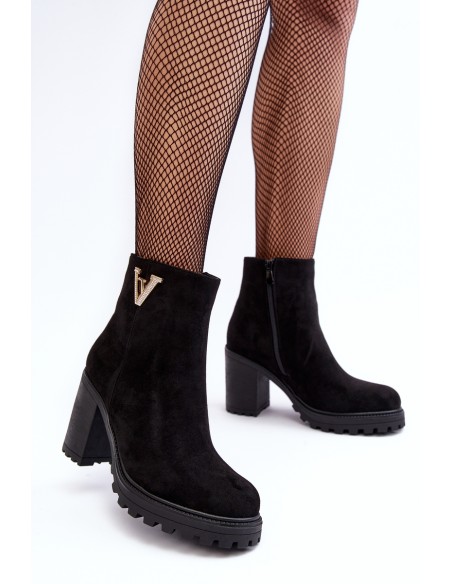 Women's Suede Boots On Heel With Decoration Black Strong