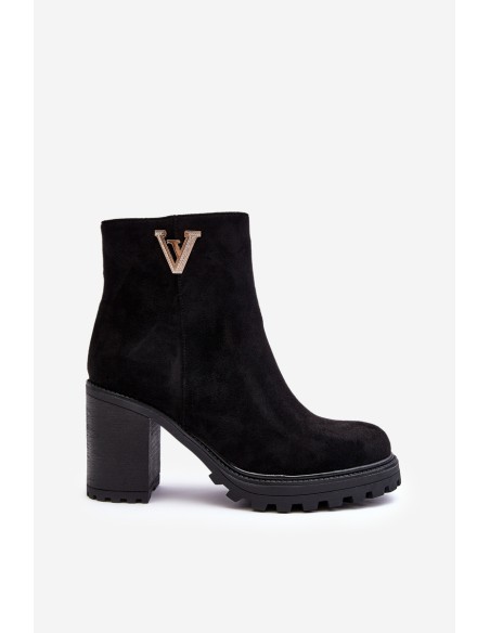 Women's Suede Boots On Heel With Decoration Black Strong