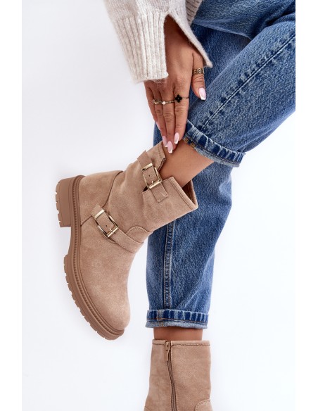 Women's Flat Heel Boots with Buckles Beige Bliggore