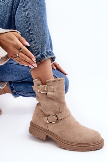 Women's Flat Heel Boots with Buckles Beige Bliggore 2