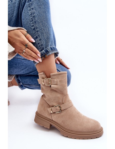 Women's Flat Heel Boots with Buckles Beige Bliggore