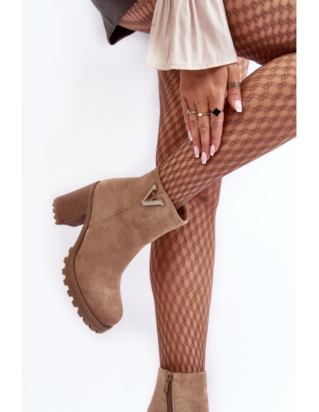 Women's Suede Boots On Heel With Decoration Beige Strong