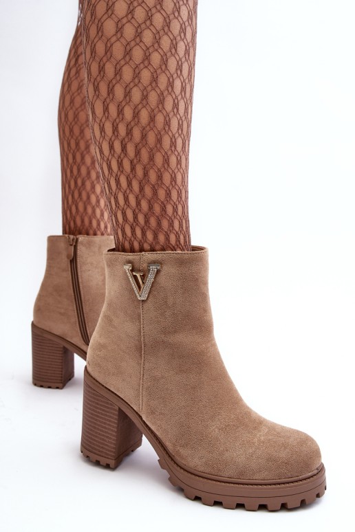 Women's Suede Boots On Heel With Decoration Beige Strong