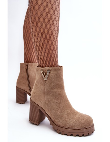 Women's Suede Boots On Heel With Decoration Beige Strong