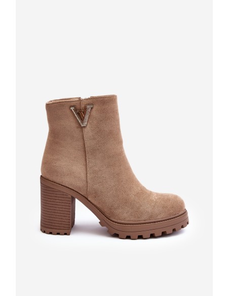 Women's Suede Boots On Heel With Decoration Beige Strong
