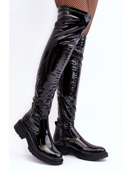 Lacquered Over the Knee Boots On Flat Heel Black Rilema