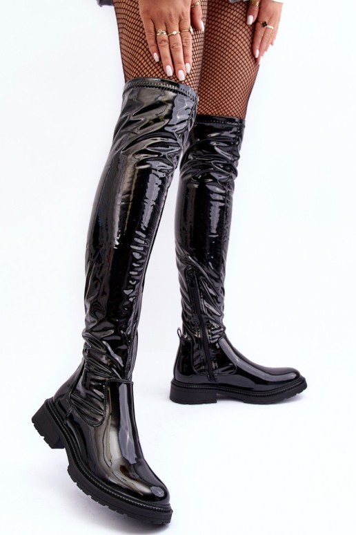 Lacquered Over the Knee Boots On Flat Heel Black Rilema