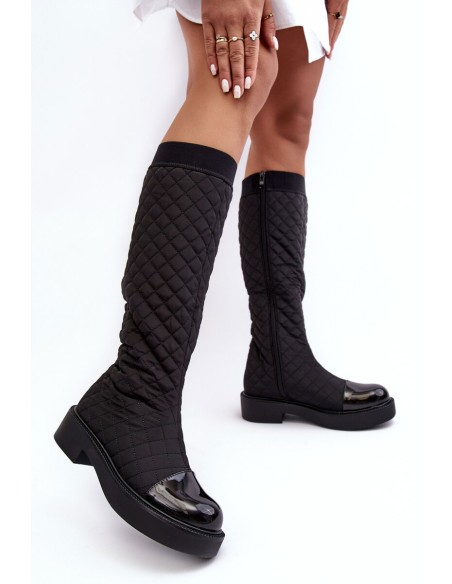 Flat Heel Over The Knee Quilted Boots Black Amalfri