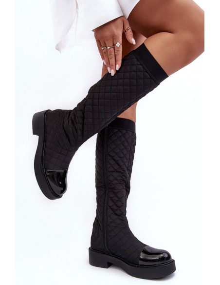 Flat Heel Over The Knee Quilted Boots Black Amalfri