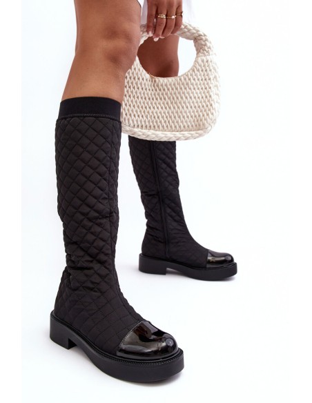 Flat Heel Over The Knee Quilted Boots Black Amalfri