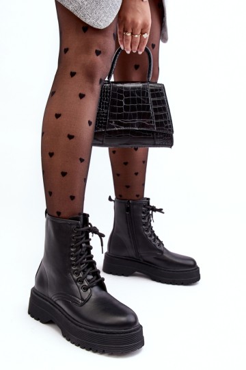 Women's Lace-up Ankle Boots with Thick Sole Black Biancis 2