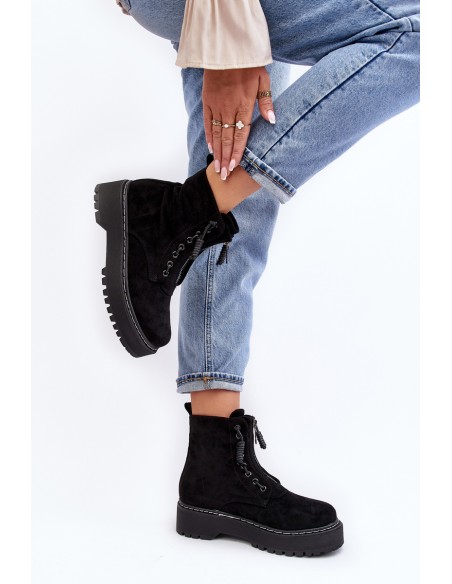 Women's Suede Trapper Boots with Thick Sole and Zipper Black Edivame