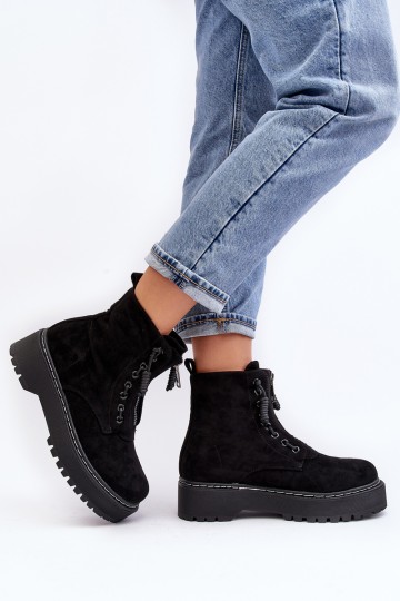 Women's Suede Trapper Boots with Thick Sole and Zipper Black Edivame 2