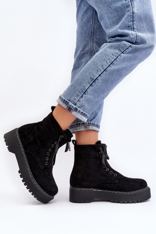 Women's Suede Trapper Boots with Thick Sole and Zipper Black Edivame