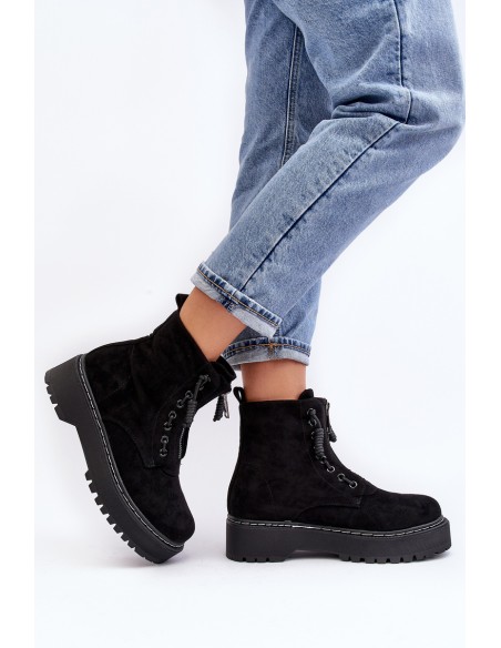 Women's Suede Trapper Boots with Thick Sole and Zipper Black Edivame