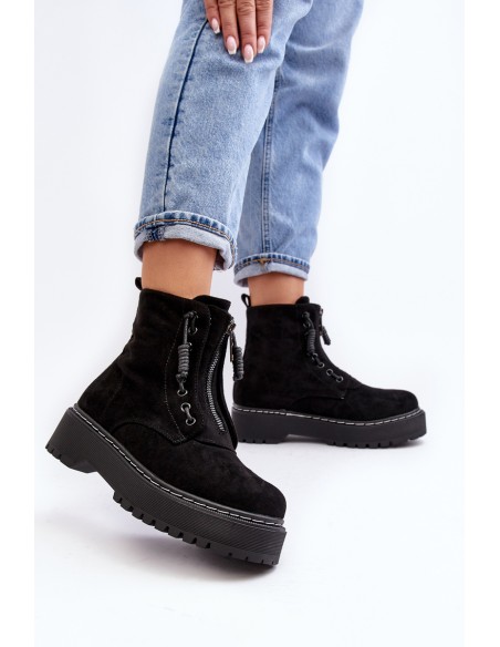 Women's Suede Trapper Boots with Thick Sole and Zipper Black Edivame