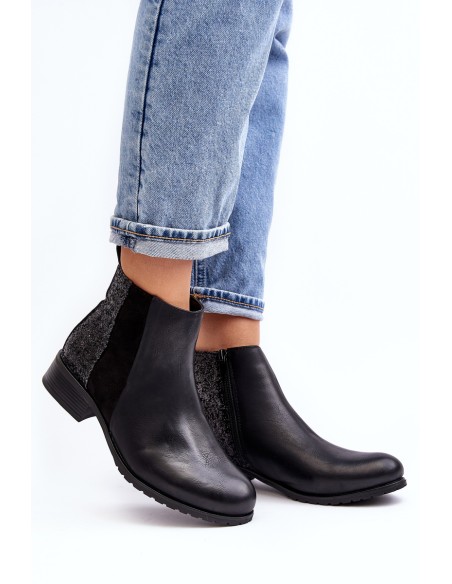 Women's Ankle Boots Flat Heel With Sequins Black Messio