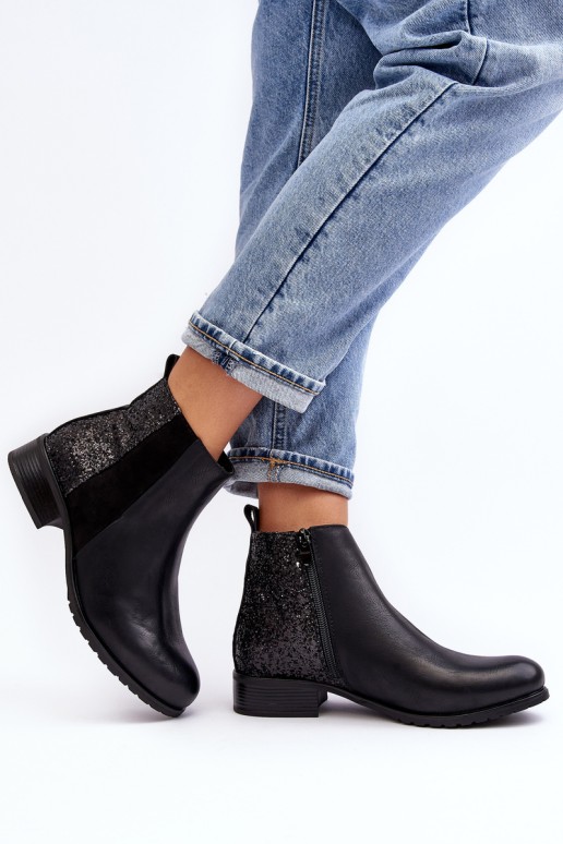 Women's Ankle Boots Flat Heel With Sequins Black Messio