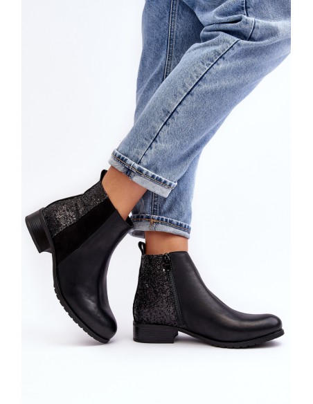 Women's Ankle Boots Flat Heel With Sequins Black Messio