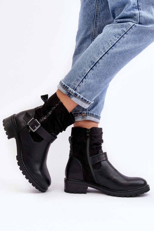 Women's Flat Heel Boots with Clasp Black Cillolis