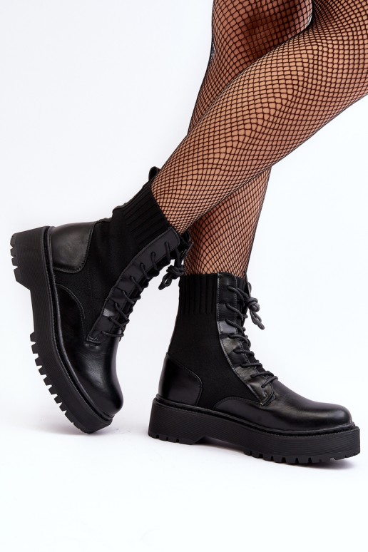 Women's Lace-up Ankle Boots with Sock Black Dedinva