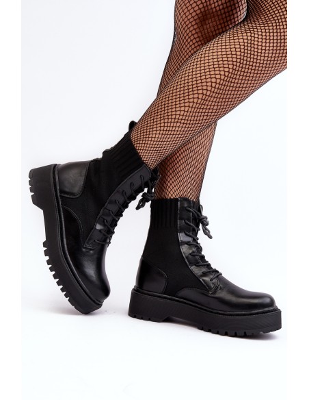 Women's Lace-up Ankle Boots with Sock Black Dedinva