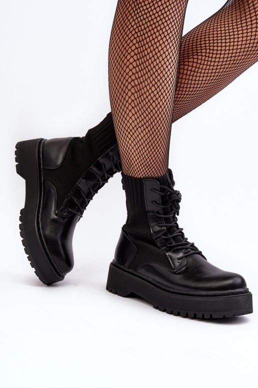 Women's Lace-up Ankle Boots with Sock Black Dedinva
