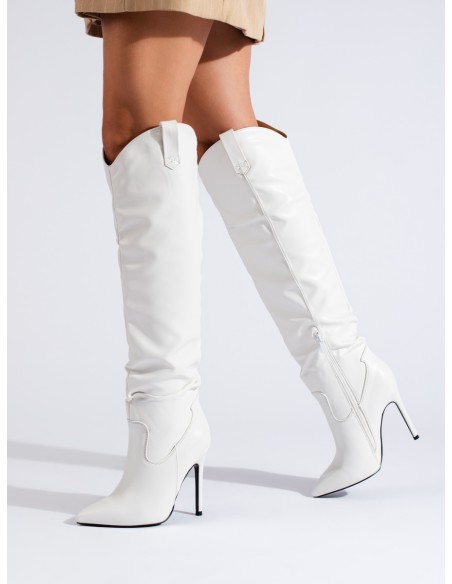 Damskie białe kozaki na wysokim obcasie Shelovet