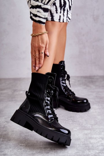 Women's Lacquered Workers Boots With Socks Black Abigail 2