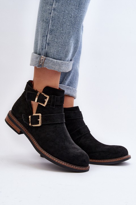 Women's Flat Heel Ankle Boots with Straps Black Melviana