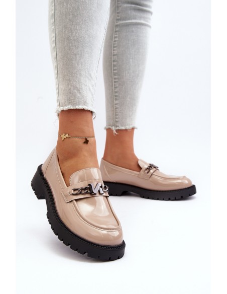 Women's Patent Leather Loafers with Flat Heel Beige Ezoma