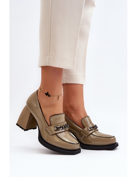 Green Patent Leather Pumps with Chunky Heel Ilvanna