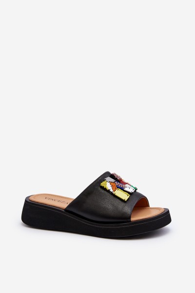 Black Women's Leather Slippers With Ornament Asames 2