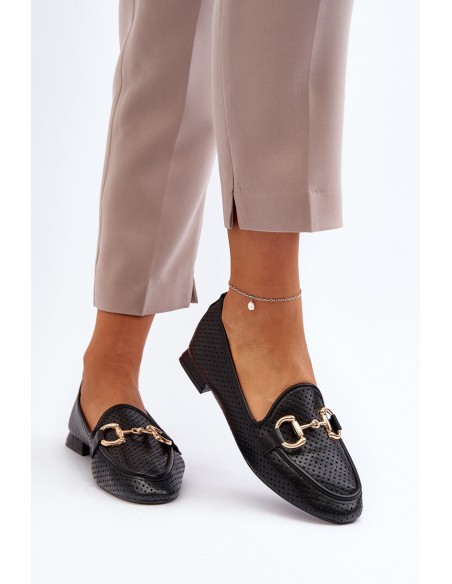 Women's Flat Heel Loafers with Black Decoration Iluvana