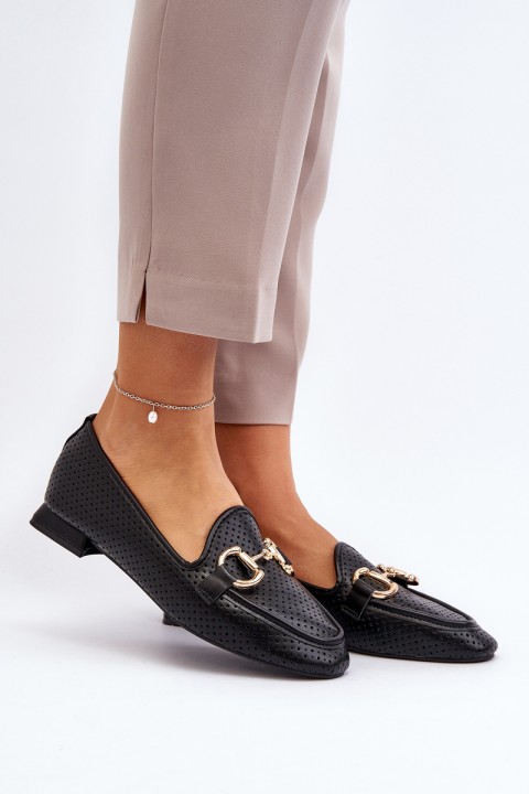 Women's Flat Heel Loafers with Black Decoration Iluvana