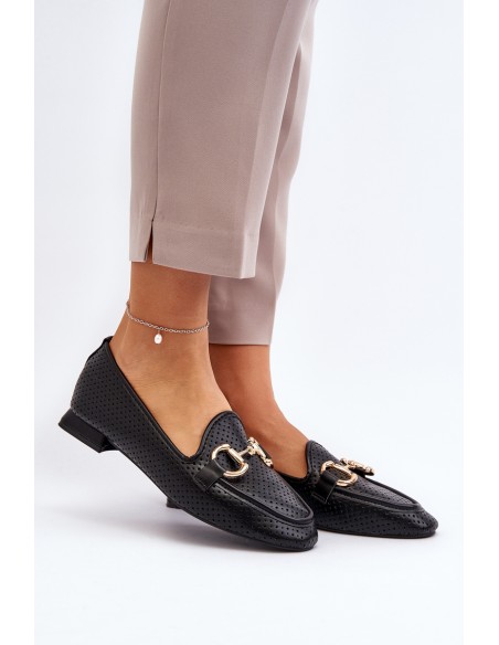 Women's Flat Heel Loafers with Black Decoration Iluvana