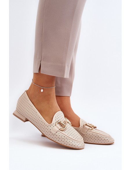 Women's flat-heeled moccasins with beige decoration Iluvana