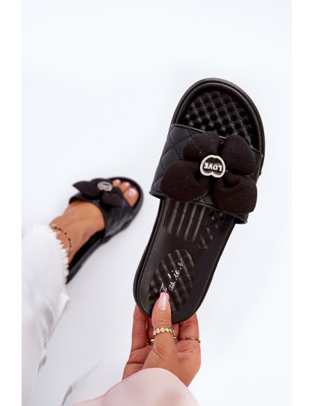 Women's Slides with Ornament on Low Platform Black Cedrella