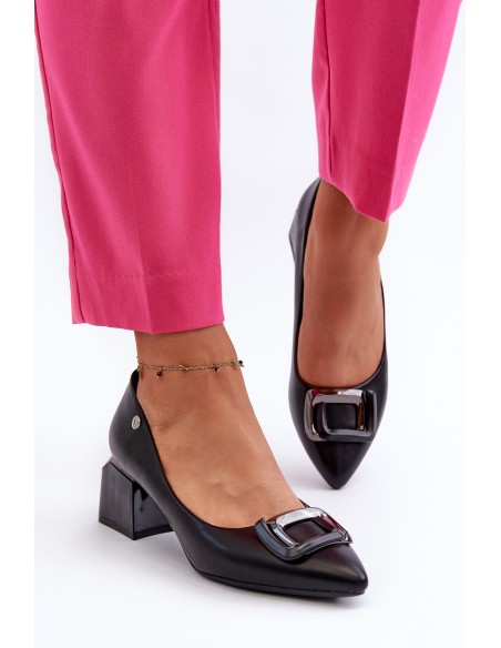 Black Faux Leather Court Shoes with Block Heel and Embellishment Sarala