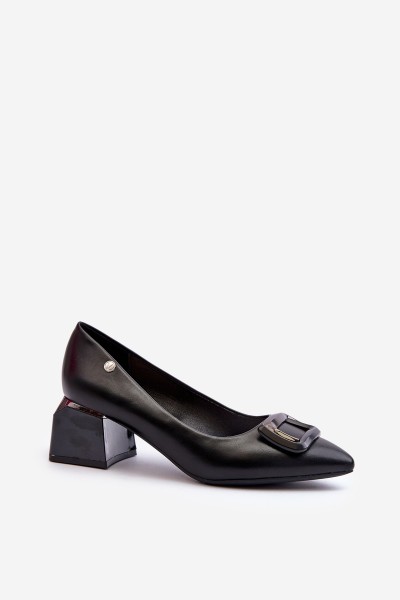 Black Faux Leather Court Shoes with Block Heel and Embellishment Sarala 2