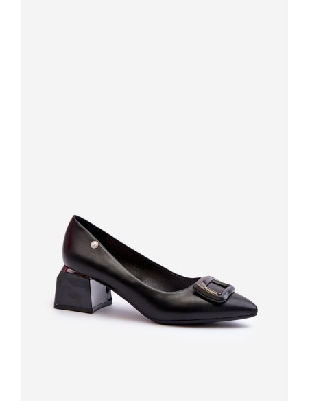 Black Faux Leather Court Shoes with Block Heel and Embellishment Sarala