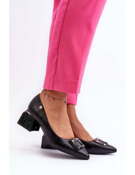 Black Faux Leather Court Shoes with Block Heel and Embellishment Sarala