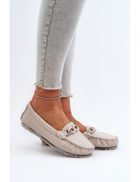 Women's Leather Moccasins with Beige Decoration S.Barski LR339