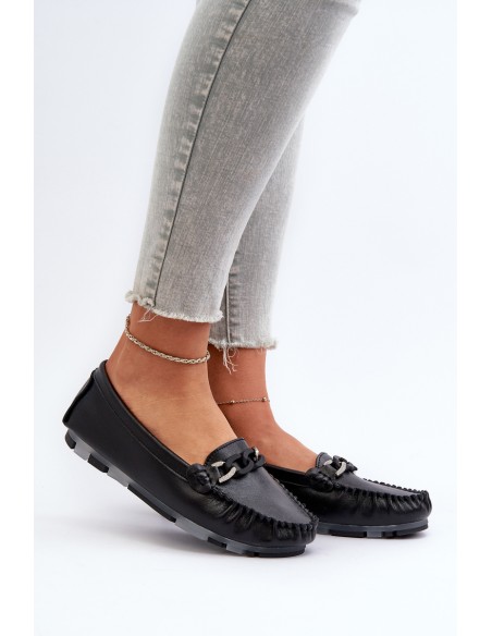 Women's Black Leather Moccasins with Ornament S.Barski LR339