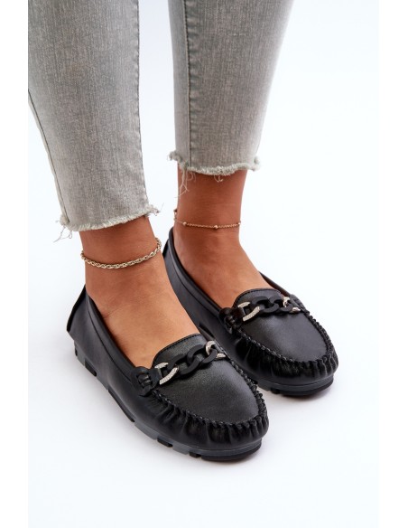 Women's Black Leather Moccasins with Ornament S.Barski LR339