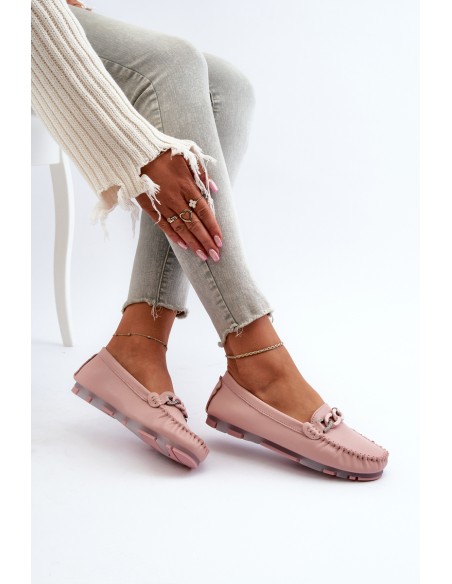 Women's Leather Moccasins with Pink Ornament S.Barski LR339
