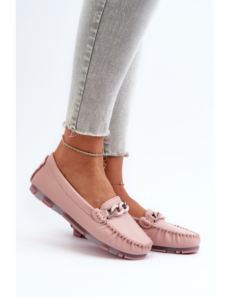 Women's Leather Moccasins with Pink Ornament S.Barski LR339